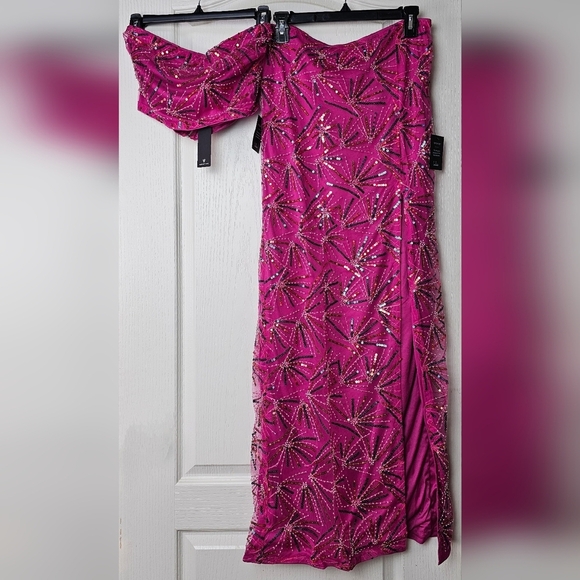 Lulus Cue The Glitter Magenta Sequin Beaded Two-piece Maxi Dress Pink Magenta - Picture 8 of 10